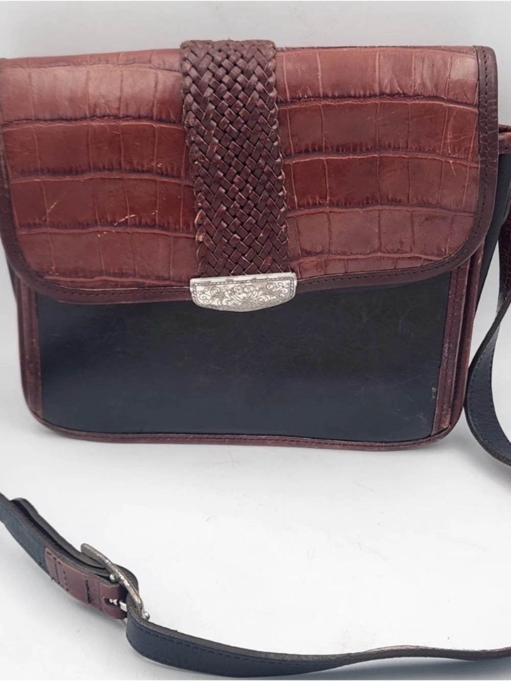 Vtg Brighton Gillian Organizer Crossbody Bag Black Brown Woven Croc Trim Leather